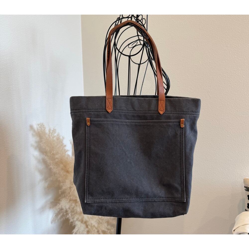 Madewell The Canvas Medium Transport Tote Bag Charcoal Grey Brown Leather